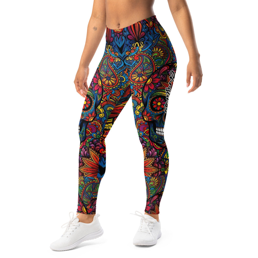 Personalisierte Sportleggings Damen Totenkopf Sugar Skull Design Bunt Paisley Fitness Leggings I753