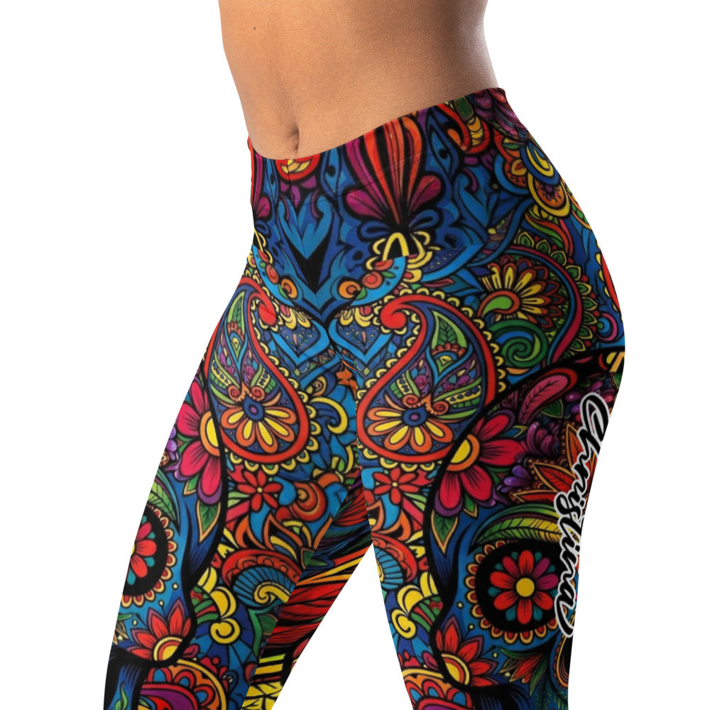 Personalisierte Sportleggings Damen Totenkopf Sugar Skull Design Bunt Paisley Fitness Leggings I753