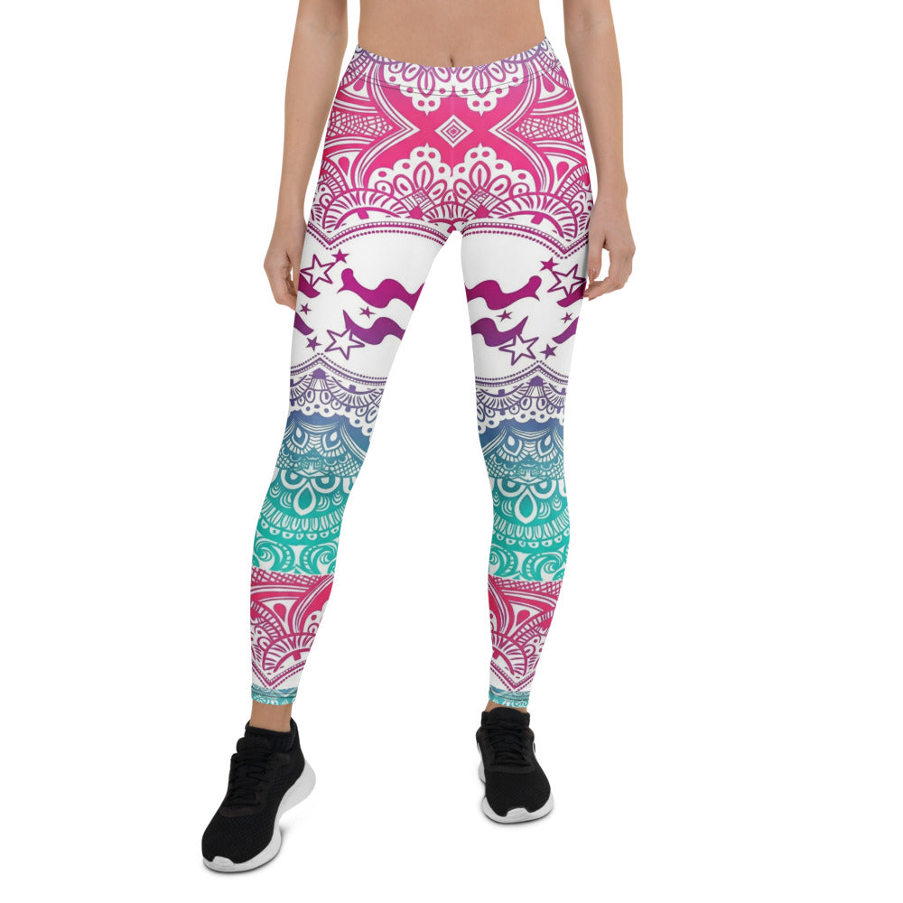 Personalisierte Damen Sportleggings Mandala Muster Bunt Yoga Fitness Leggings Sterne Wellen Design Pink Blau R336