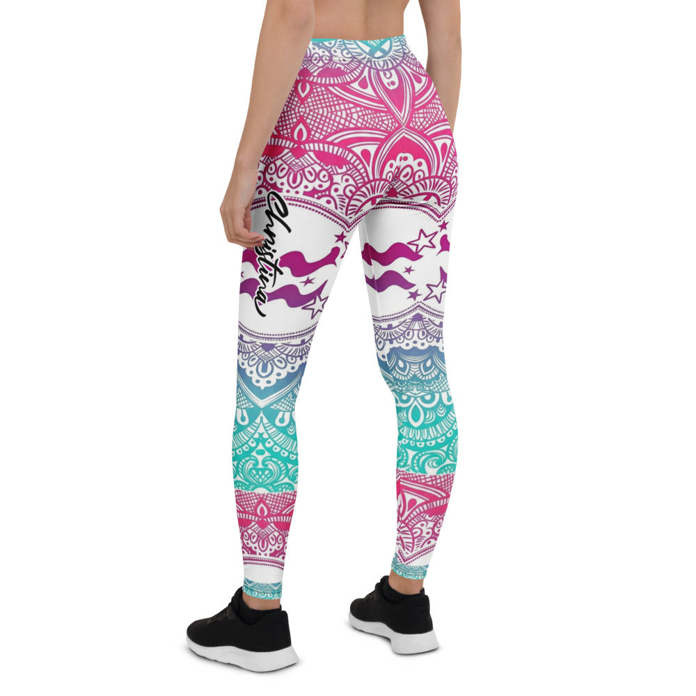 Personalisierte Damen Sportleggings Mandala Muster Bunt Yoga Fitness Leggings Sterne Wellen Design Pink Blau R336
