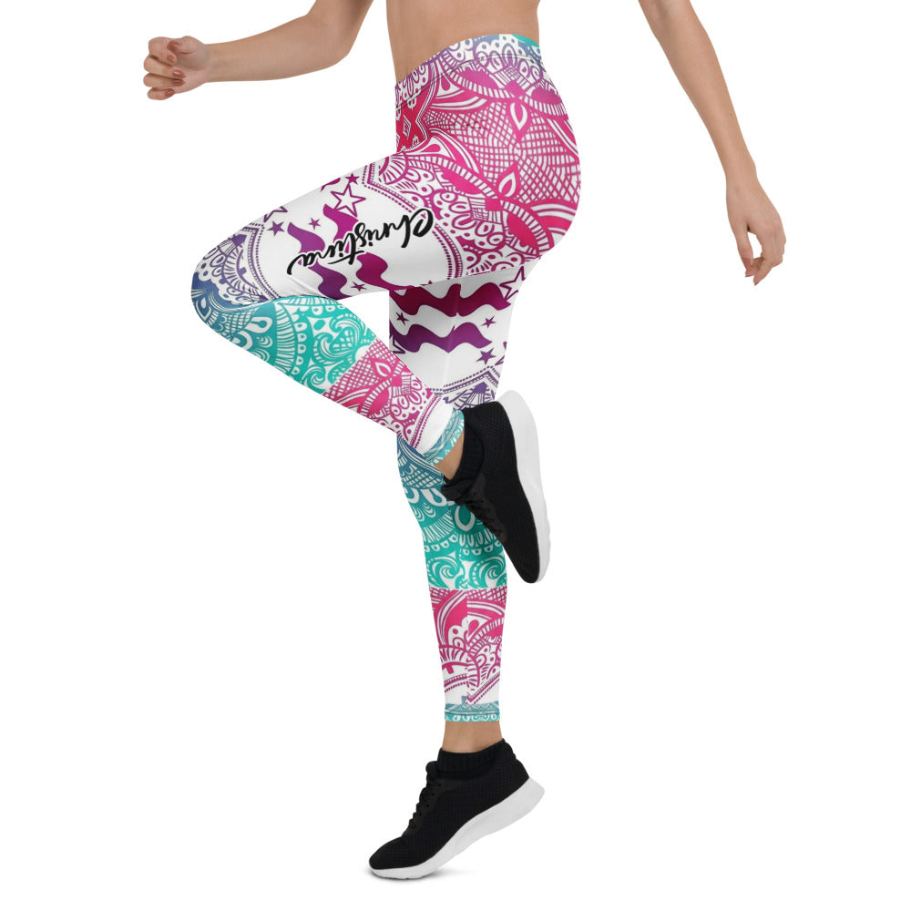 Personalisierte Damen Sportleggings Mandala Muster Bunt Yoga Fitness Leggings Sterne Wellen Design Pink Blau R336