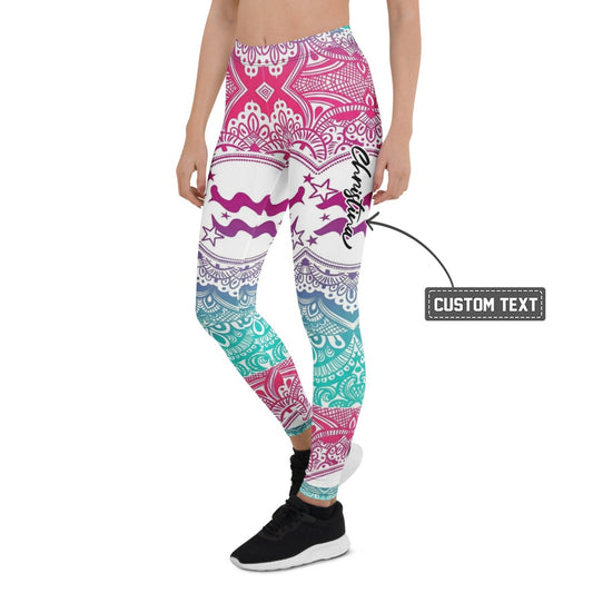 Personalisierte Damen Sportleggings Mandala Muster Bunt Yoga Fitness Leggings Sterne Wellen Design Pink Blau R336 - XL