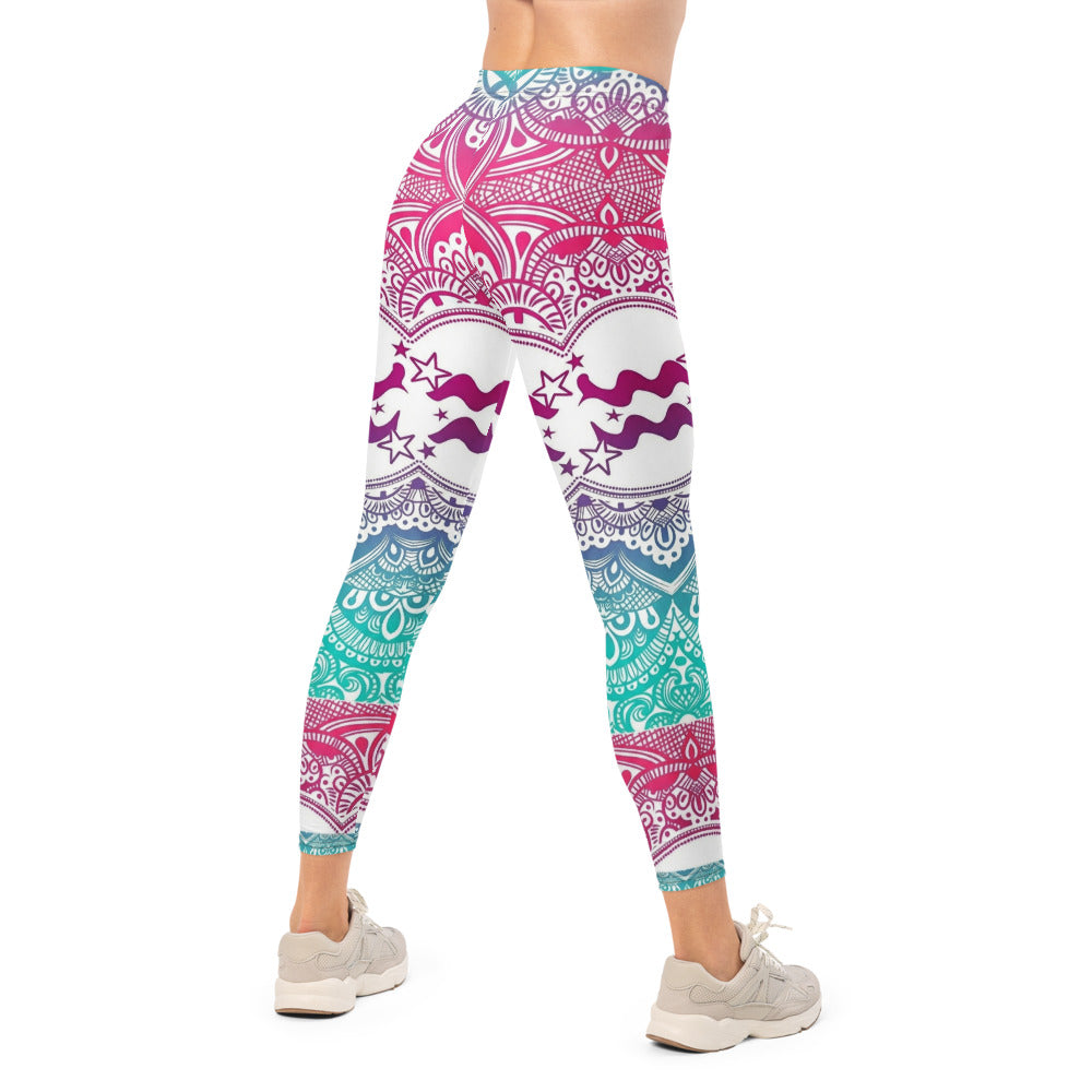 Personalisierte Damen Sportleggings Mandala Muster Bunt Yoga Fitness Leggings Sterne Wellen Design Pink Blau R336