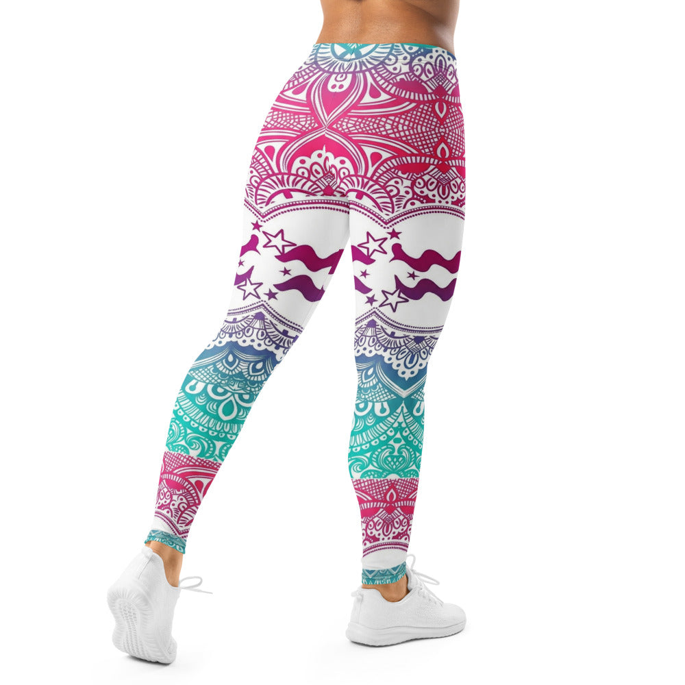 Personalisierte Damen Sportleggings Mandala Muster Bunt Yoga Fitness Leggings Sterne Wellen Design Pink Blau R336