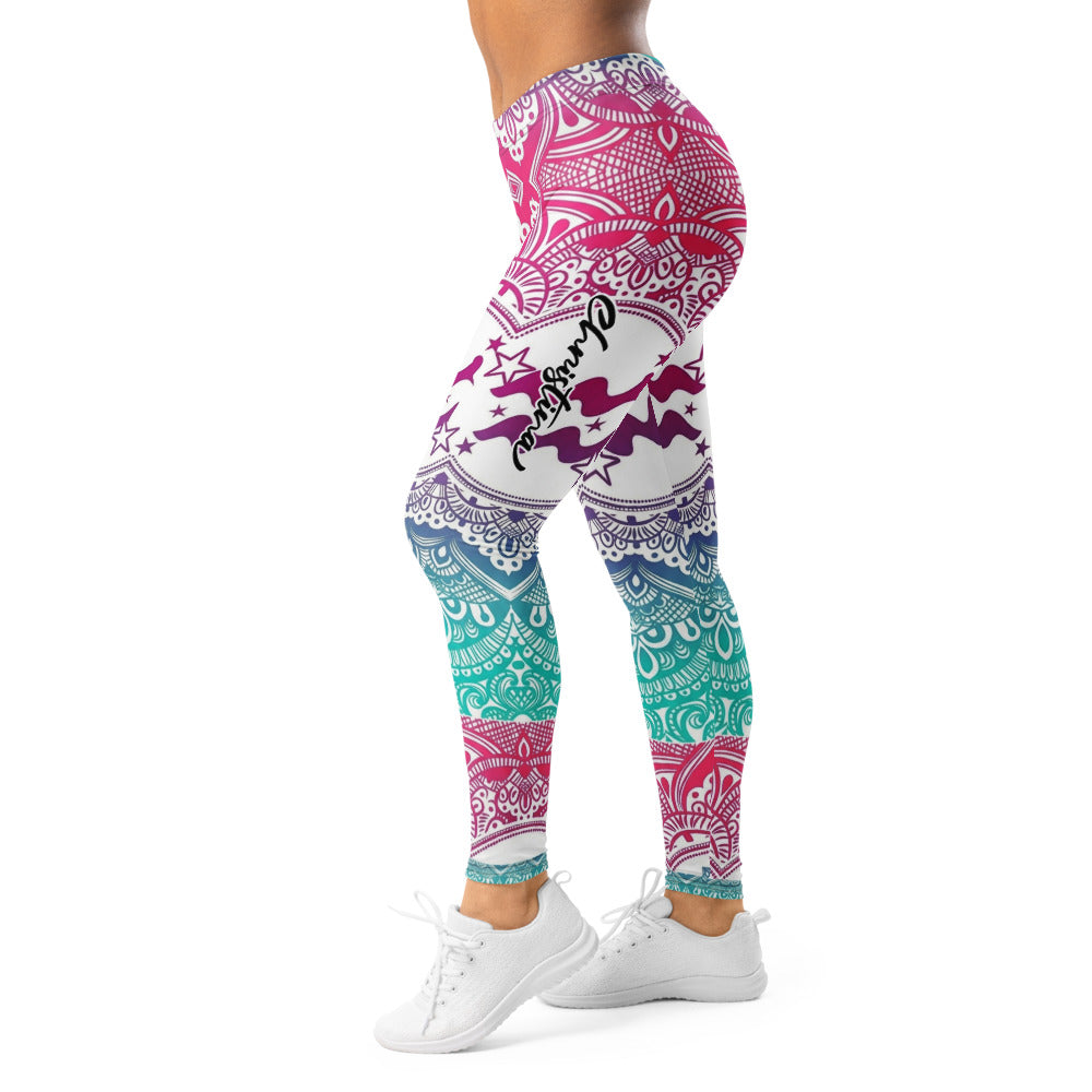 Personalisierte Damen Sportleggings Mandala Muster Bunt Yoga Fitness Leggings Sterne Wellen Design Pink Blau R336