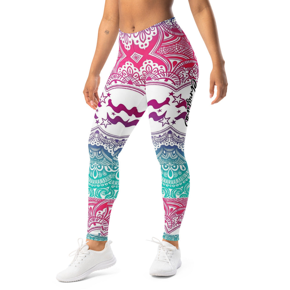 Personalisierte Damen Sportleggings Mandala Muster Bunt Yoga Fitness Leggings Sterne Wellen Design Pink Blau R336
