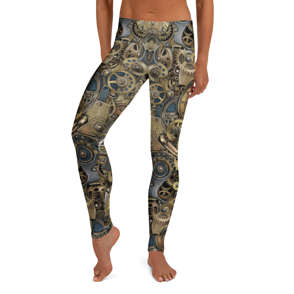 Personalisierte Damen Sportleggings Steampunk Design Zahnrad Muster Uhrwerk Fitness Leggings Gold Bronze P225