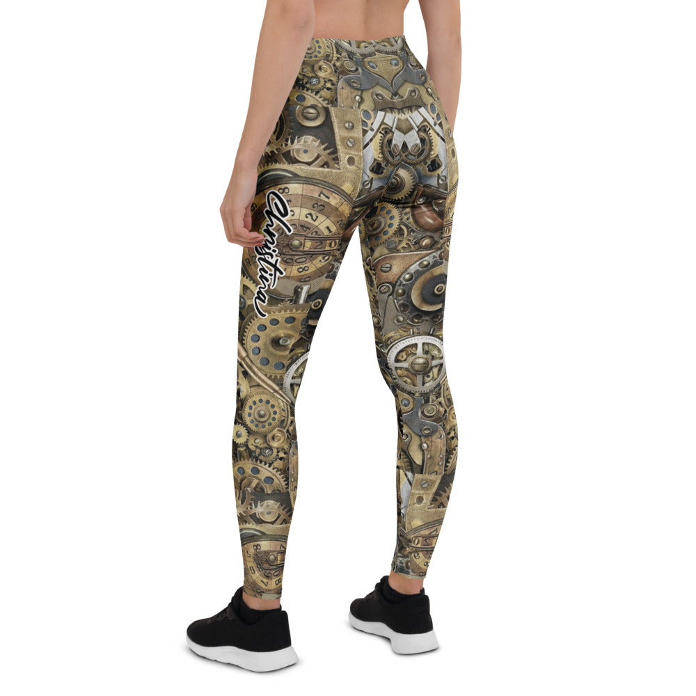 Personalisierte Damen Sportleggings Steampunk Design Zahnrad Muster Uhrwerk Fitness Leggings Gold Bronze P225