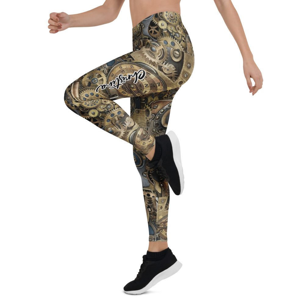 Personalisierte Damen Sportleggings Steampunk Design Zahnrad Muster Uhrwerk Fitness Leggings Gold Bronze P225