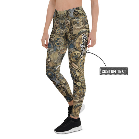 Personalisierte Damen Sportleggings Steampunk Design Zahnrad Muster Uhrwerk Fitness Leggings Gold Bronze P225 - XL