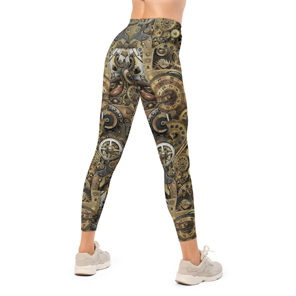 Personalisierte Damen Sportleggings Steampunk Design Zahnrad Muster Uhrwerk Fitness Leggings Gold Bronze P225