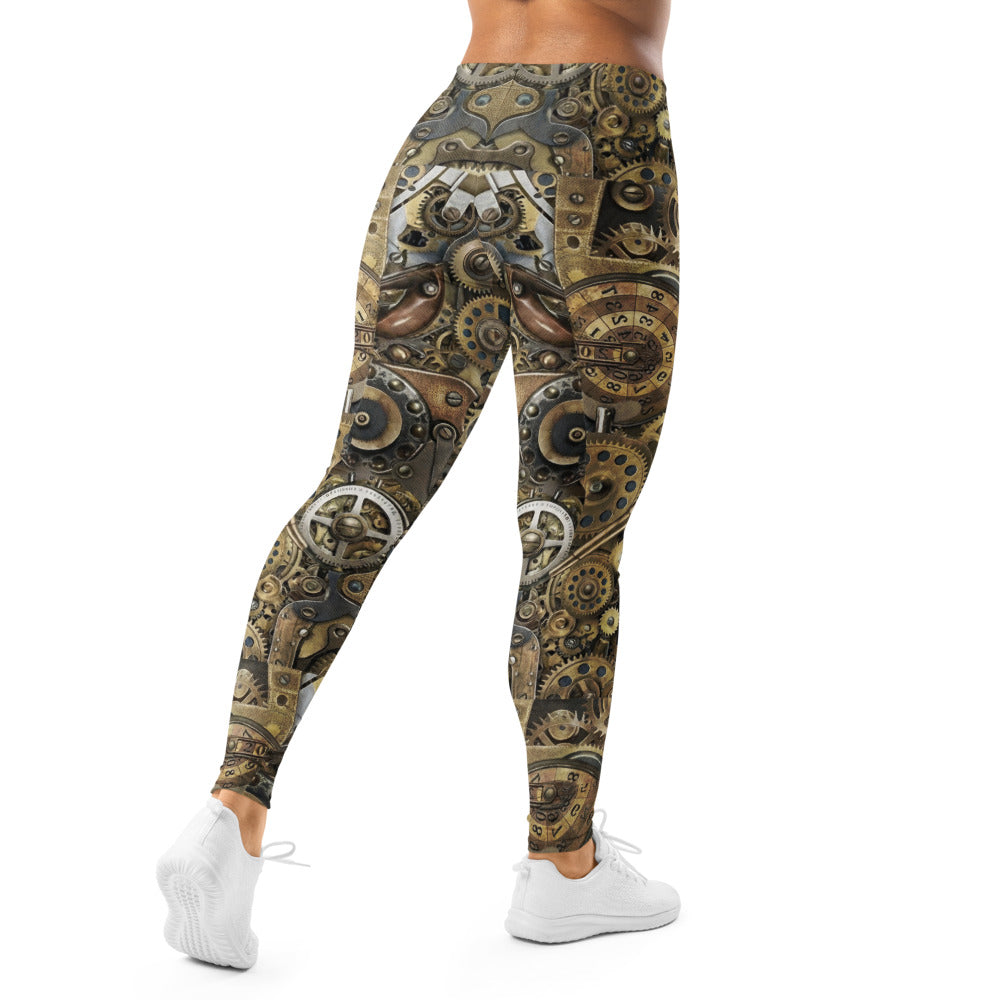 Personalisierte Damen Sportleggings Steampunk Design Zahnrad Muster Uhrwerk Fitness Leggings Gold Bronze P225