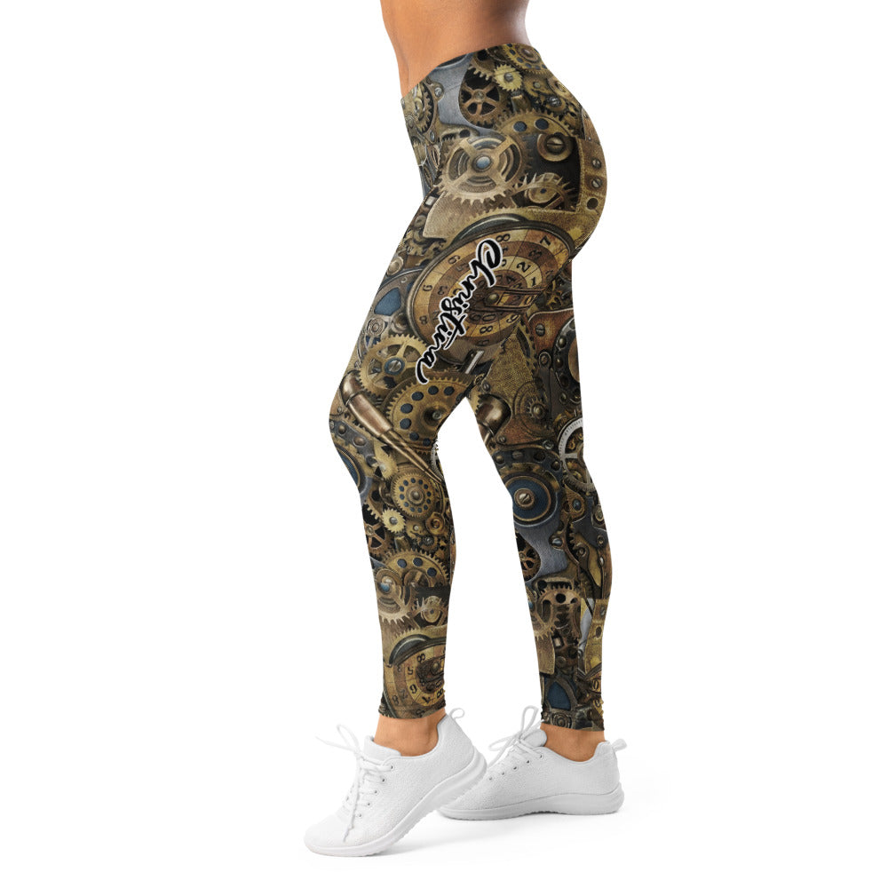 Personalisierte Damen Sportleggings Steampunk Design Zahnrad Muster Uhrwerk Fitness Leggings Gold Bronze P225