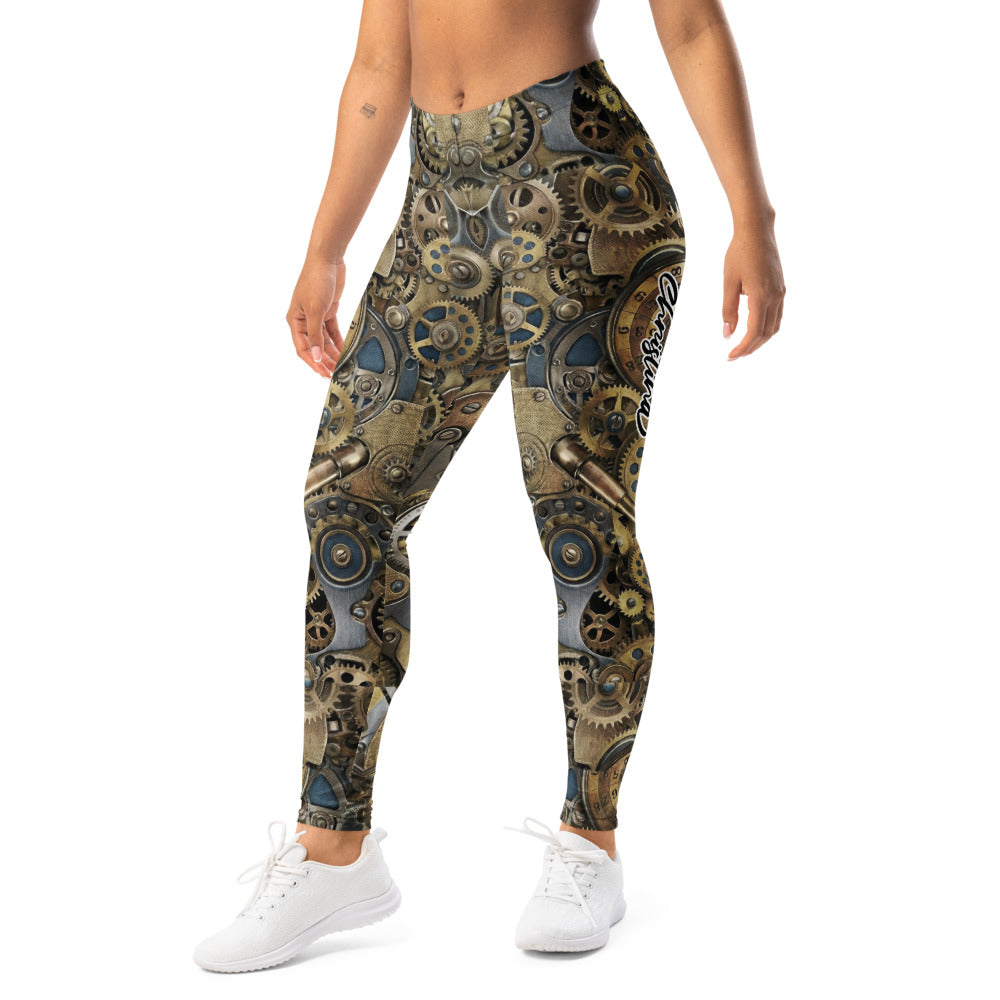 Personalisierte Damen Sportleggings Steampunk Design Zahnrad Muster Uhrwerk Fitness Leggings Gold Bronze P225