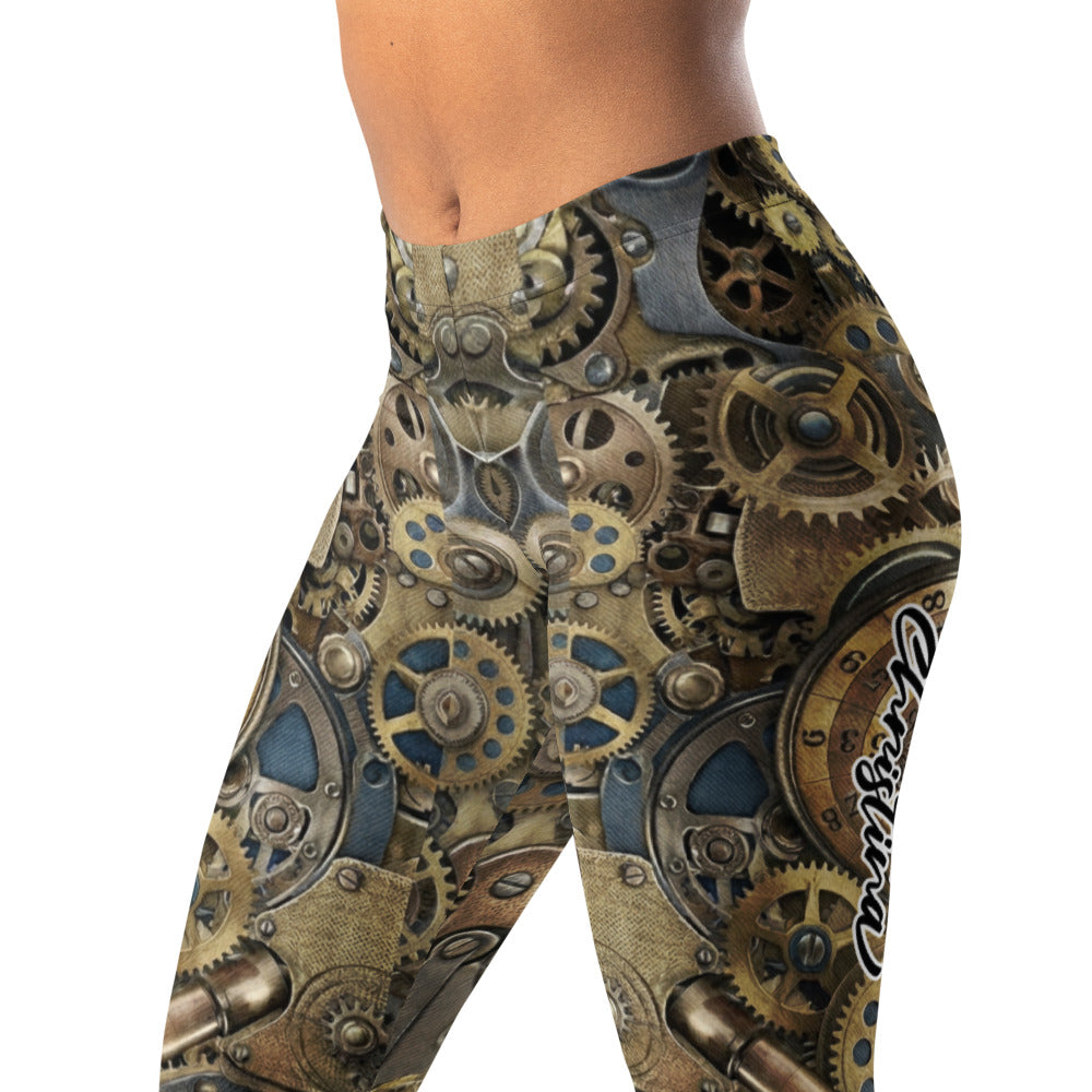 Personalisierte Damen Sportleggings Steampunk Design Zahnrad Muster Uhrwerk Fitness Leggings Gold Bronze P225