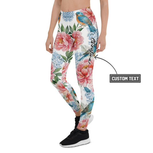 Personalisierte Damen Sportleggings Blumenmuster & Vögel Aquarell Design Weiß Rosa Blau Yoga Fitness Leggings X577 - XL