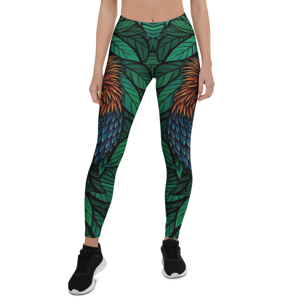 Personalisierte Damen Sportleggings Tropisches Blätter & Federn Design Grün Blau Bunt Fitnesshose Yoga Leggings B462