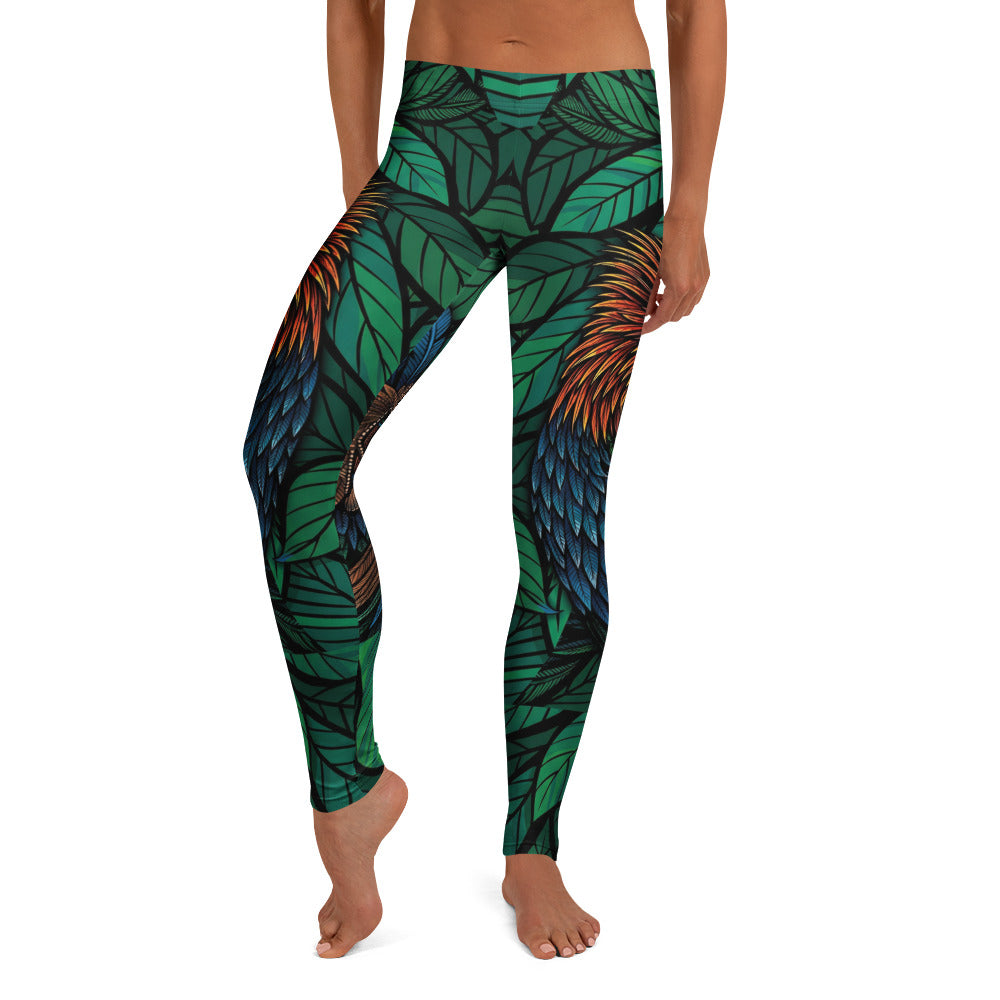 Personalisierte Damen Sportleggings Tropisches Blätter & Federn Design Grün Blau Bunt Fitnesshose Yoga Leggings B462