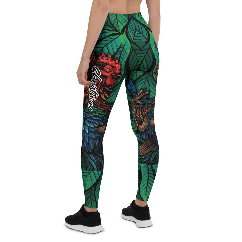 Personalisierte Damen Sportleggings Tropisches Blätter & Federn Design Grün Blau Bunt Fitnesshose Yoga Leggings B462