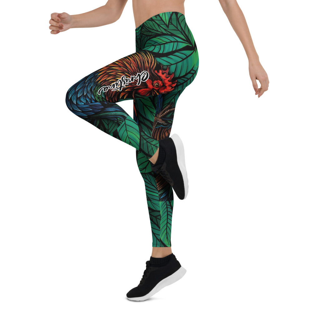 Personalisierte Damen Sportleggings Tropisches Blätter & Federn Design Grün Blau Bunt Fitnesshose Yoga Leggings B462