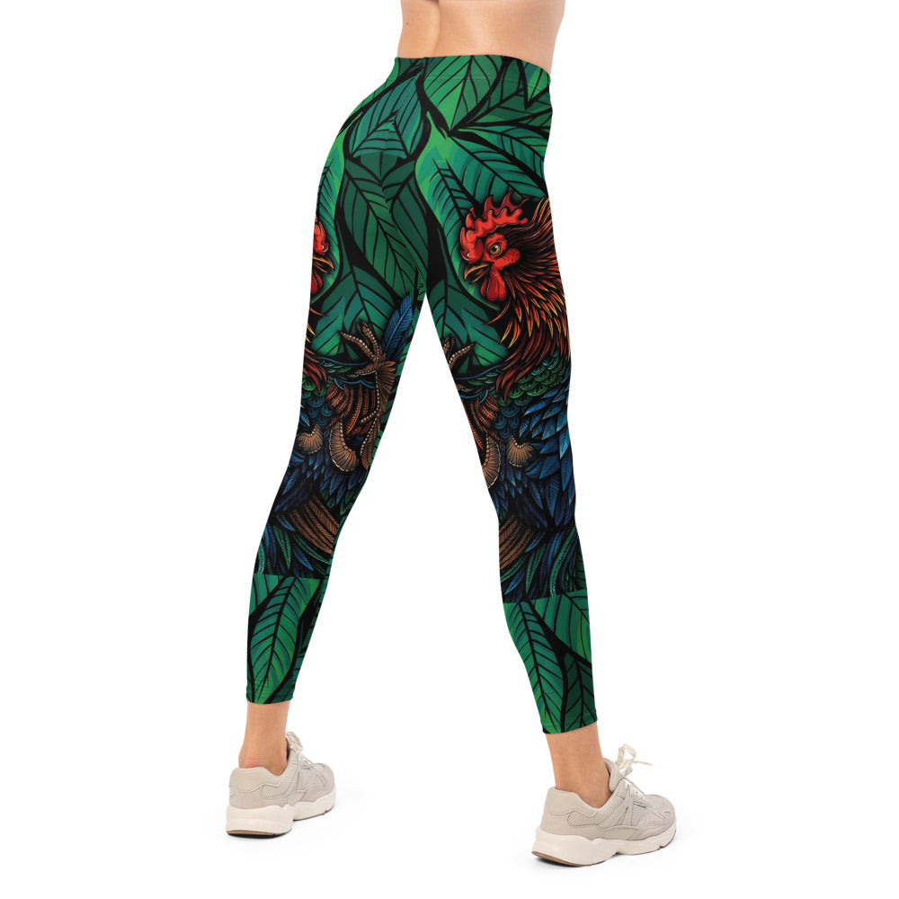 Personalisierte Damen Sportleggings Tropisches Blätter & Federn Design Grün Blau Bunt Fitnesshose Yoga Leggings B462