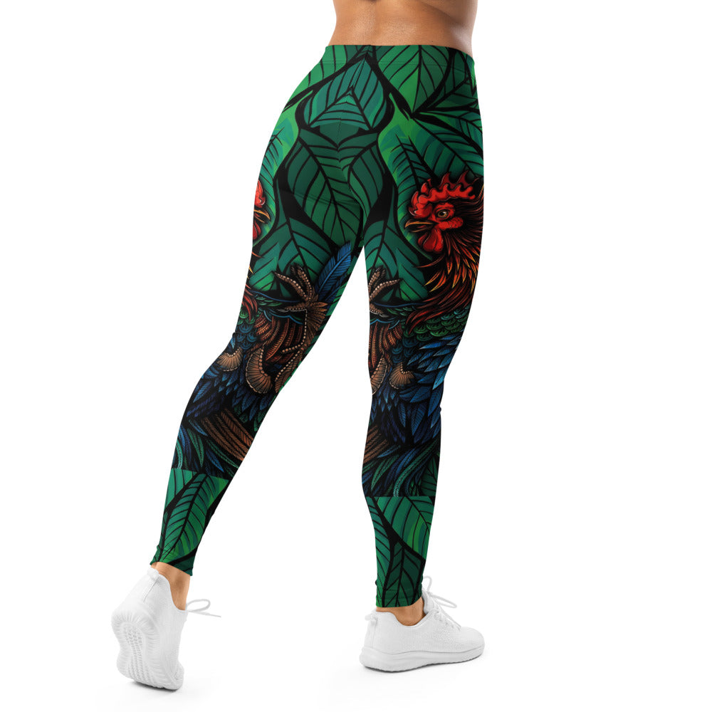 Personalisierte Damen Sportleggings Tropisches Blätter & Federn Design Grün Blau Bunt Fitnesshose Yoga Leggings B462