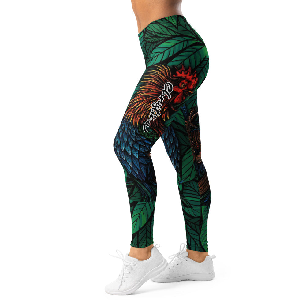 Personalisierte Damen Sportleggings Tropisches Blätter & Federn Design Grün Blau Bunt Fitnesshose Yoga Leggings B462