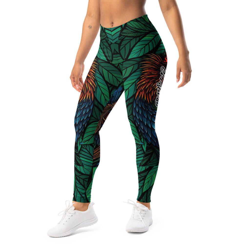 Personalisierte Damen Sportleggings Tropisches Blätter & Federn Design Grün Blau Bunt Fitnesshose Yoga Leggings B462