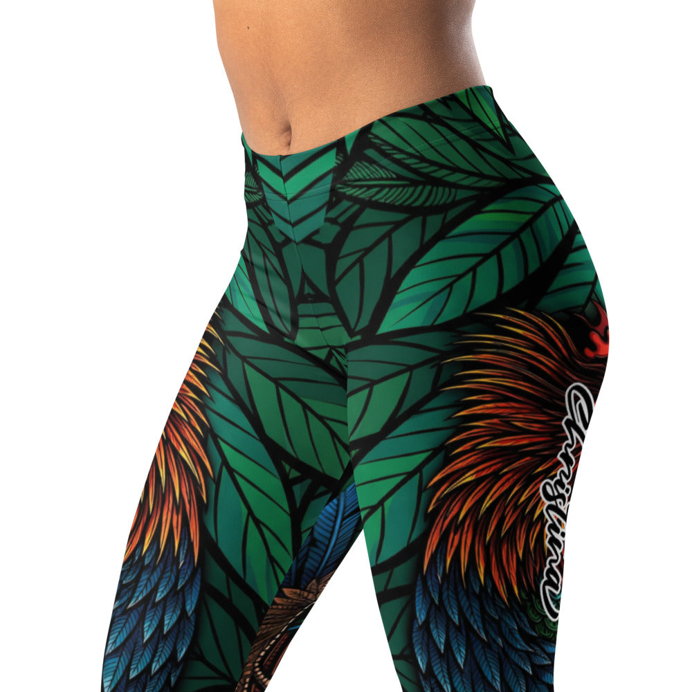 Personalisierte Damen Sportleggings Tropisches Blätter & Federn Design Grün Blau Bunt Fitnesshose Yoga Leggings B462