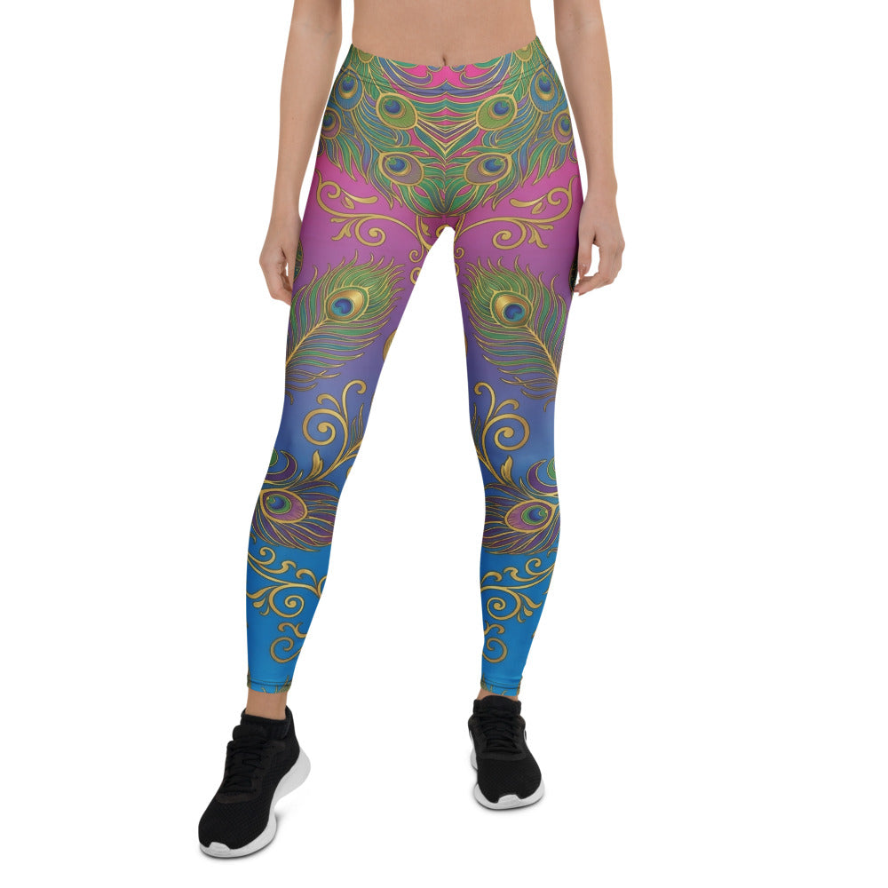 Personalisierte Sportleggings Damen Pfauenfeder Muster Bunt Pink Blau Fitness Yoga Hose O917