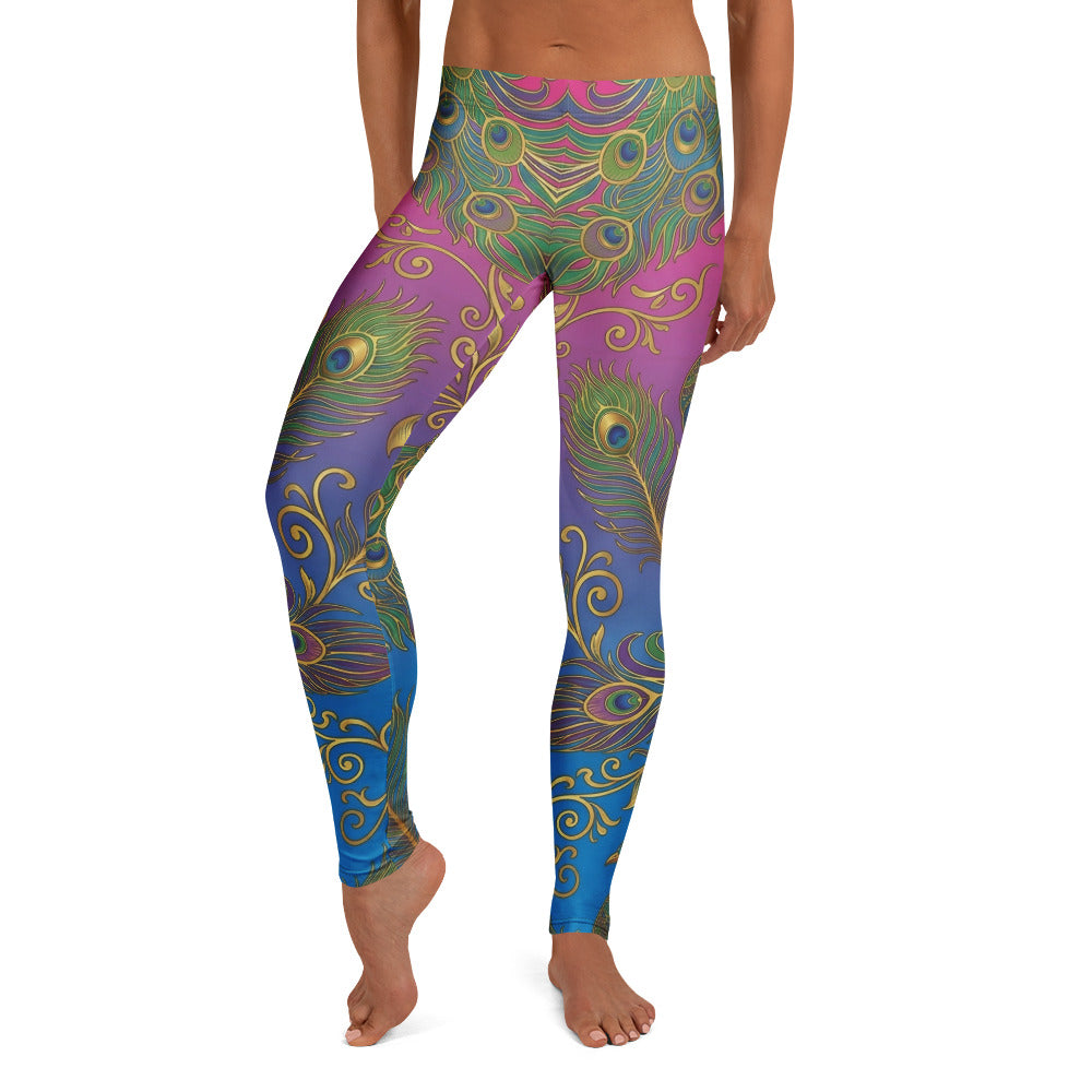 Personalisierte Sportleggings Damen Pfauenfeder Muster Bunt Pink Blau Fitness Yoga Hose O917