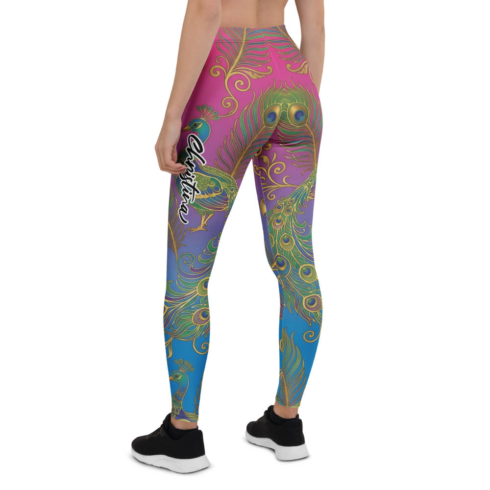 Personalisierte Sportleggings Damen Pfauenfeder Muster Bunt Pink Blau Fitness Yoga Hose O917