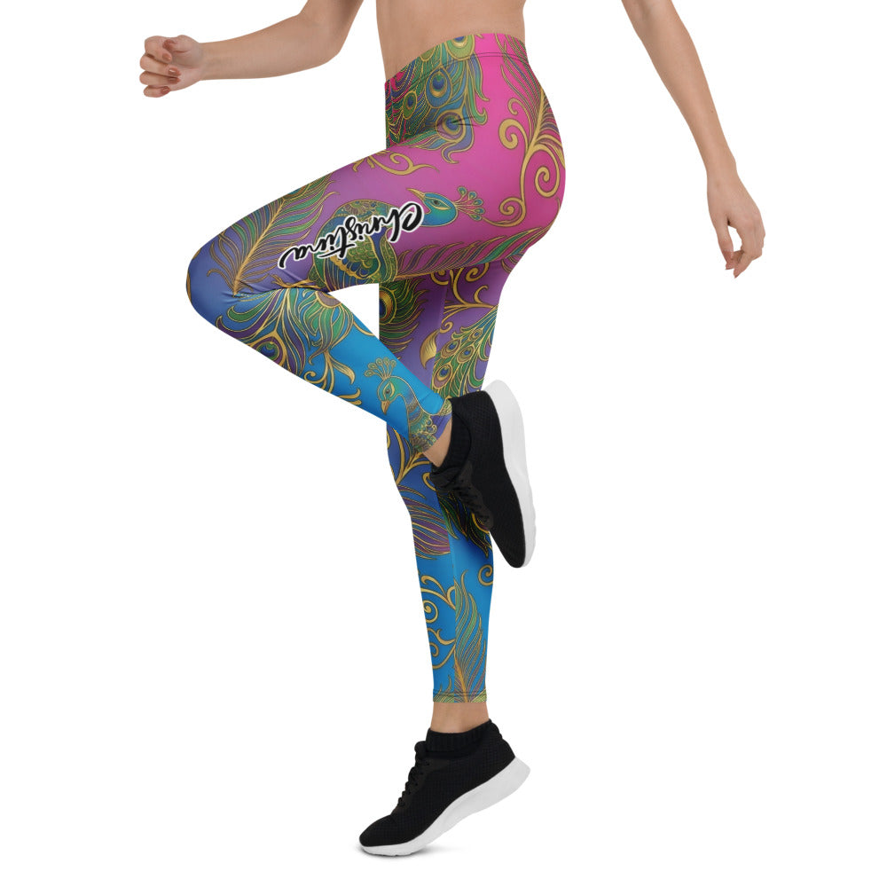 Personalisierte Sportleggings Damen Pfauenfeder Muster Bunt Pink Blau Fitness Yoga Hose O917