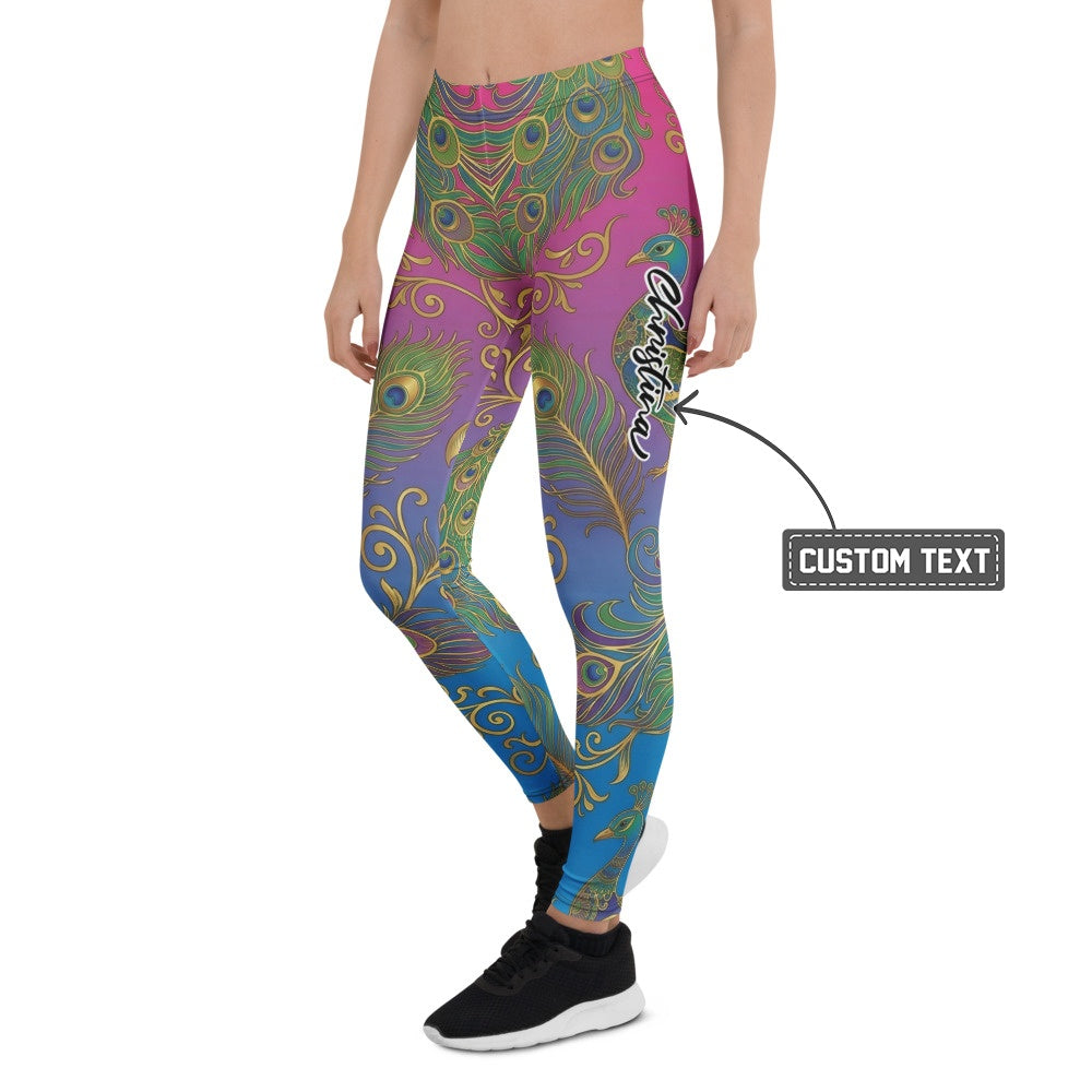 Personalisierte Sportleggings Damen Pfauenfeder Muster Bunt Pink Blau Fitness Yoga Hose O917 - XL
