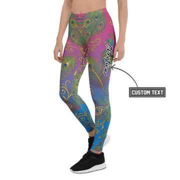 Personalisierte Sportleggings Damen Pfauenfeder Muster Bunt Pink Blau Fitness Yoga Hose O917 - XL