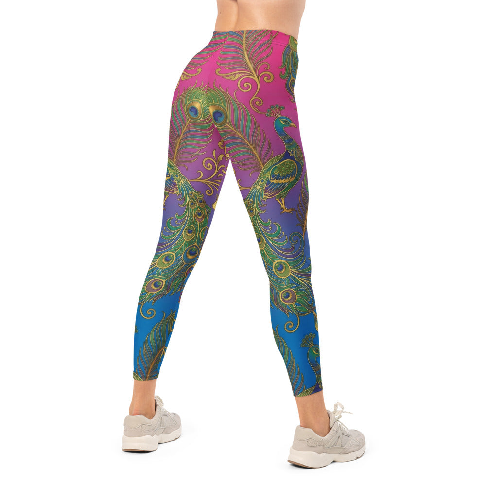 Personalisierte Sportleggings Damen Pfauenfeder Muster Bunt Pink Blau Fitness Yoga Hose O917