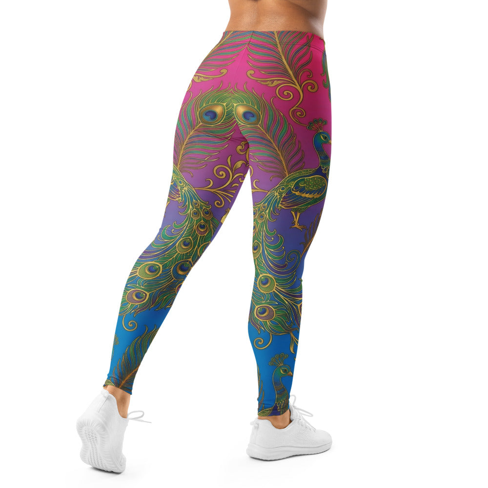 Personalisierte Sportleggings Damen Pfauenfeder Muster Bunt Pink Blau Fitness Yoga Hose O917