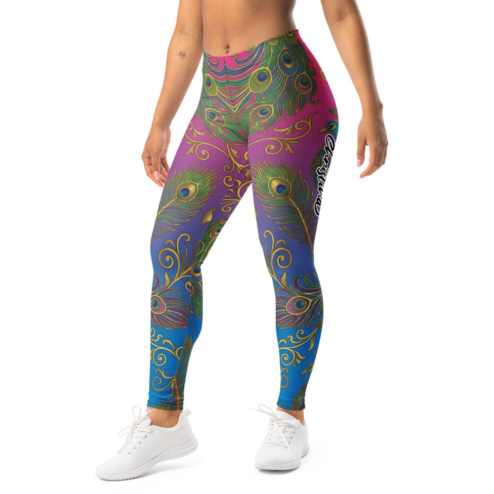 Personalisierte Sportleggings Damen Pfauenfeder Muster Bunt Pink Blau Fitness Yoga Hose O917