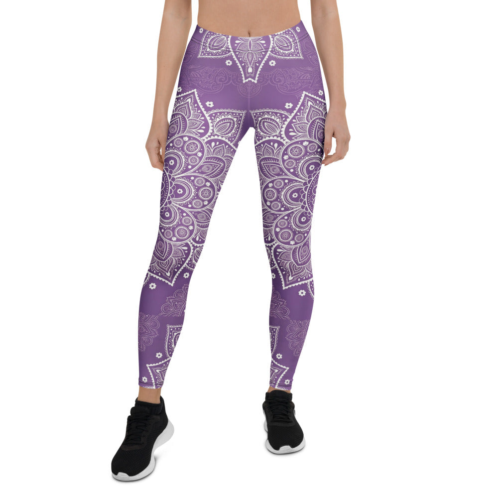 Personalisierte Damen Sportleggings Mandala Muster Lila Weiß Fitness Yoga Leggings K855