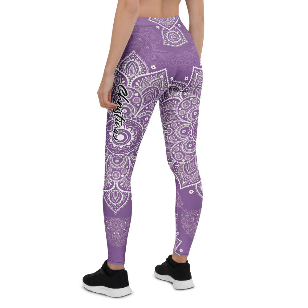 Personalisierte Damen Sportleggings Mandala Muster Lila Weiß Fitness Yoga Leggings K855