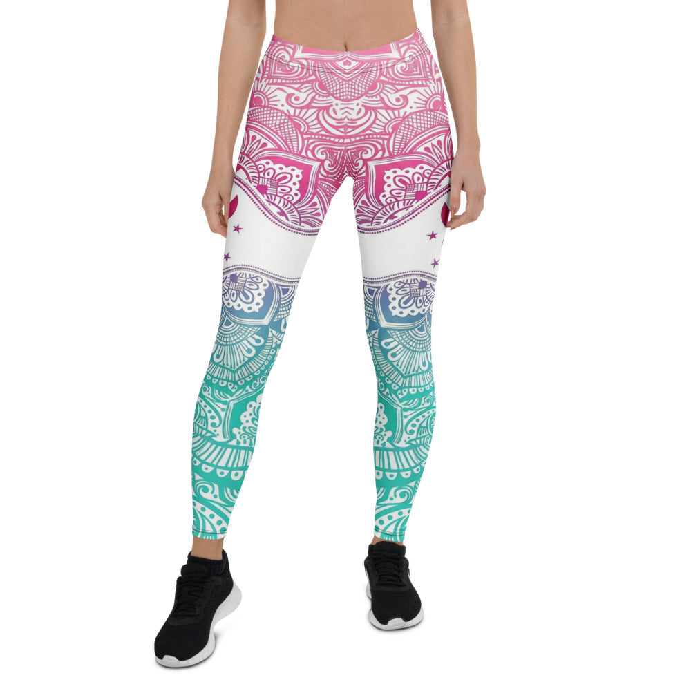 Personalisierte Yoga Leggings Damen Mandala Muster Pink Türkis Farbverlauf Fitness Sportleggings S212