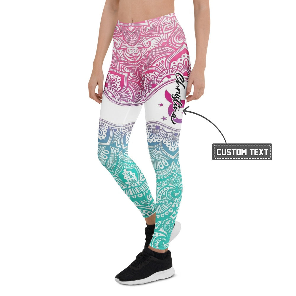 Personalisierte Yoga Leggings Damen Mandala Muster Pink Türkis Farbverlauf Fitness Sportleggings S212 - XL
