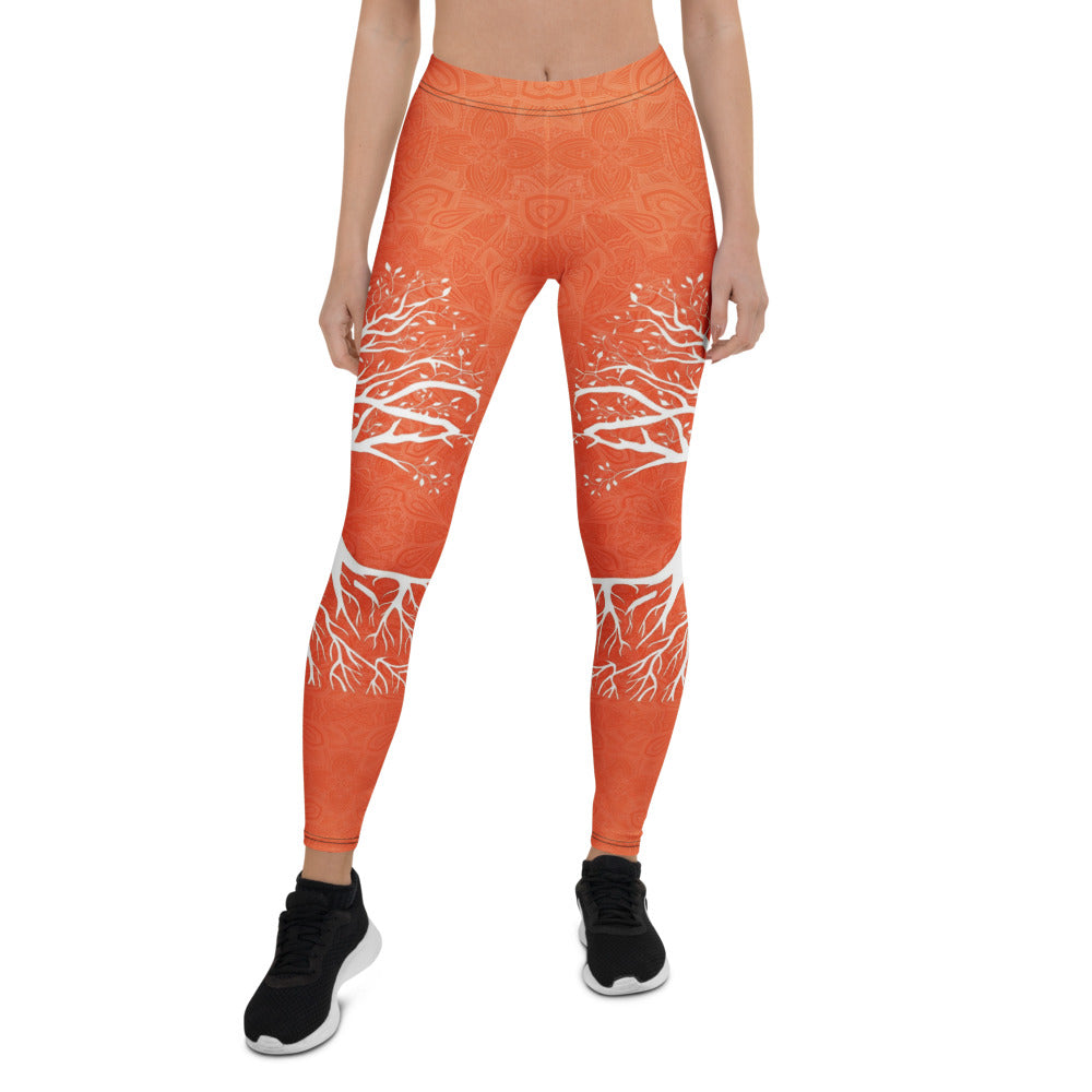 Personalisierte Damen Sportleggings Baum des Lebens Design Orange Weiß Yoga Fitness Leggings Mandala Muster O834