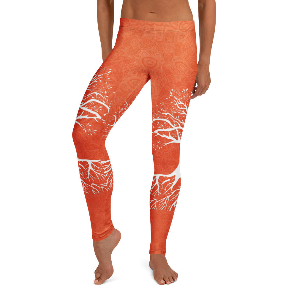 Personalisierte Damen Sportleggings Baum des Lebens Design Orange Weiß Yoga Fitness Leggings Mandala Muster O834