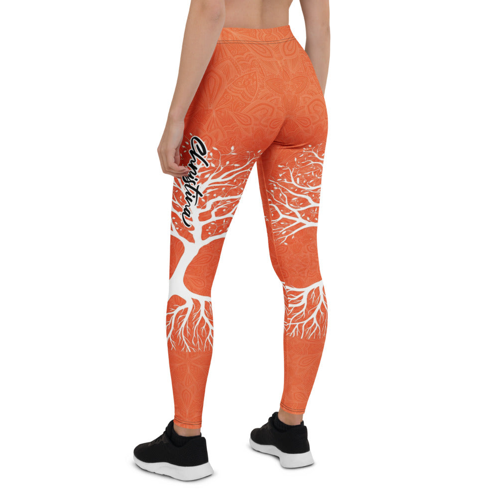 Personalisierte Damen Sportleggings Baum des Lebens Design Orange Weiß Yoga Fitness Leggings Mandala Muster O834