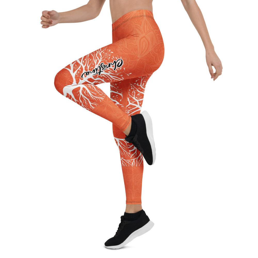Personalisierte Damen Sportleggings Baum des Lebens Design Orange Weiß Yoga Fitness Leggings Mandala Muster O834