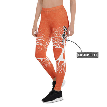 Personalisierte Damen Sportleggings Baum des Lebens Design Orange Weiß Yoga Fitness Leggings Mandala Muster O834 - XL