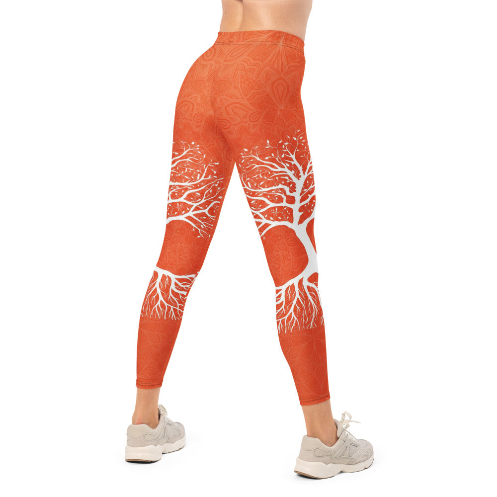 Personalisierte Damen Sportleggings Baum des Lebens Design Orange Weiß Yoga Fitness Leggings Mandala Muster O834