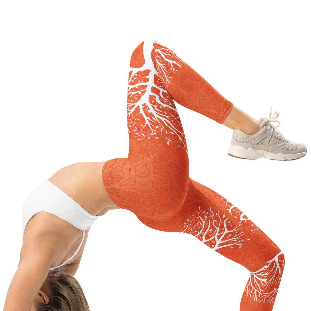 Personalisierte Damen Sportleggings Baum des Lebens Design Orange Weiß Yoga Fitness Leggings Mandala Muster O834