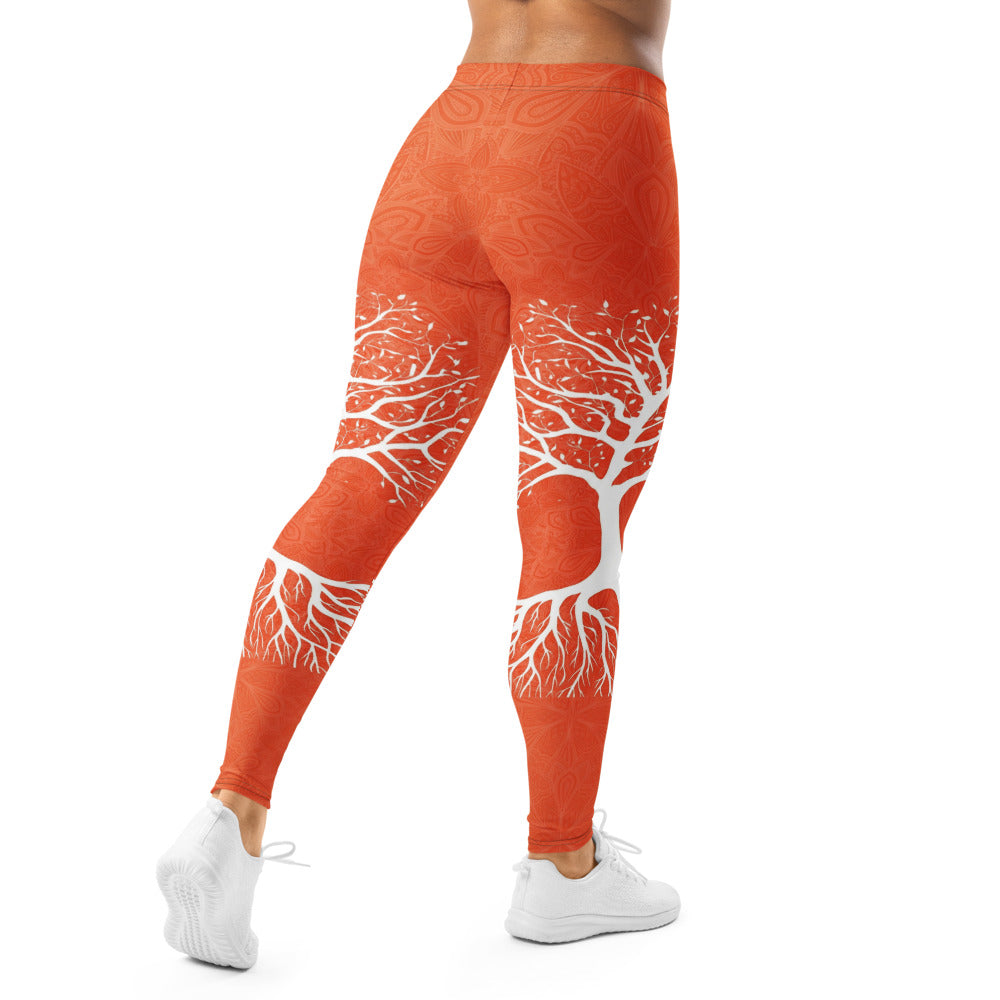 Personalisierte Damen Sportleggings Baum des Lebens Design Orange Weiß Yoga Fitness Leggings Mandala Muster O834